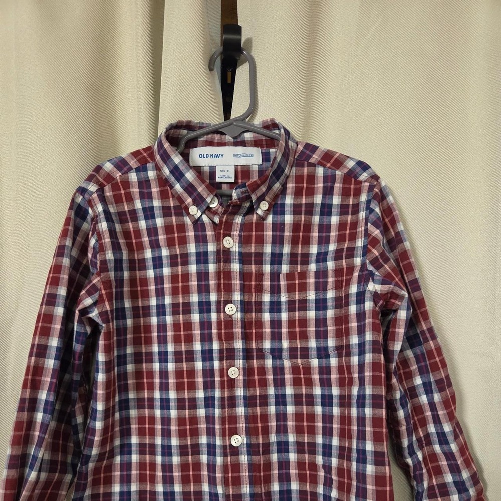 Old Navy Burgundy White Navy Plaid Button Up Shirt LS